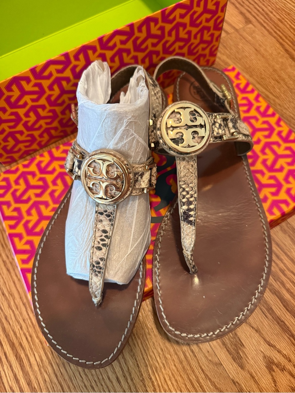 Tory Burch Gold Metallic Snake-Print Miller Thong Sandals
